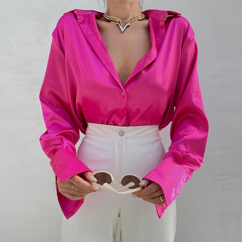Elegant Satin Shirts Women Fashion Tops 2022 Spring Solid Long Sleeve Blouses Vintage Purple Casual Loose Buttons Clothes 18913
