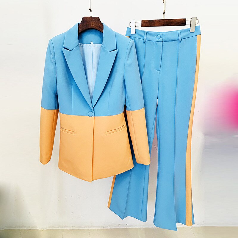 Blazer Pants Suit Two Piece Set Office Ladies Women Color Match Business Single Button Flared Pants Blazer Pants Formal Suit