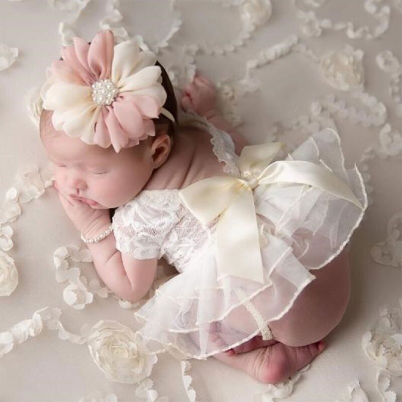 Baby Photography Props Outfit Lace Bowknot Skirt with Flower Headband for Newborn Infant Girls Photo Taking Accessories