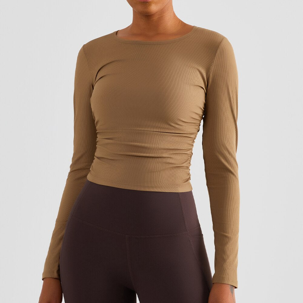 Women Long Sleeve Yoga Shirt High Elastic Slim Waist Sport Top Solid Fitness Gym Yoga T-shirt Quick Dry Sportswear