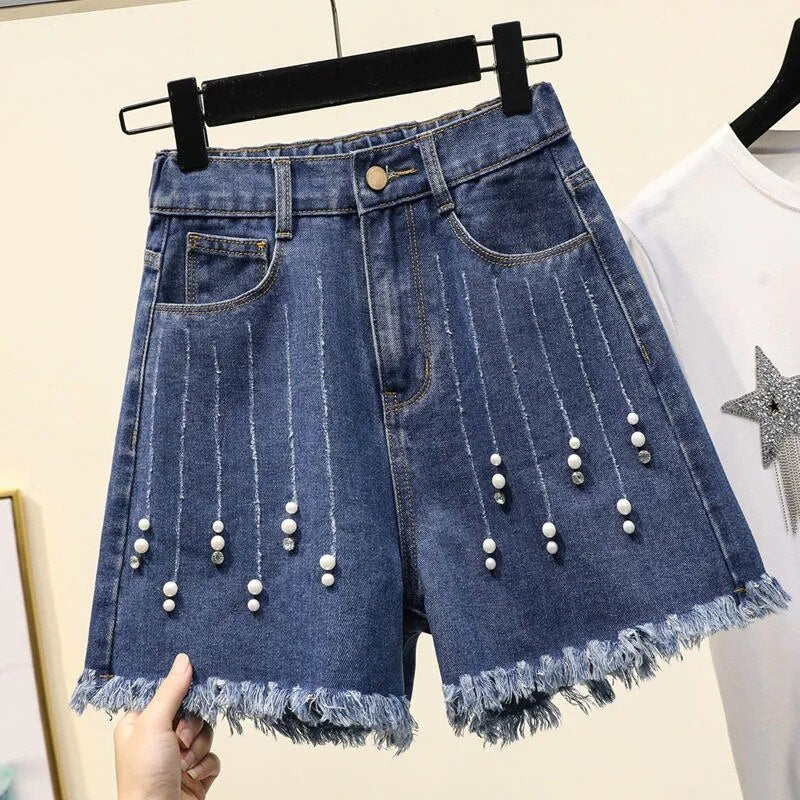 Fashion Women Denim Shorts Beaded Raw-Edge A-Line Wide-Leg