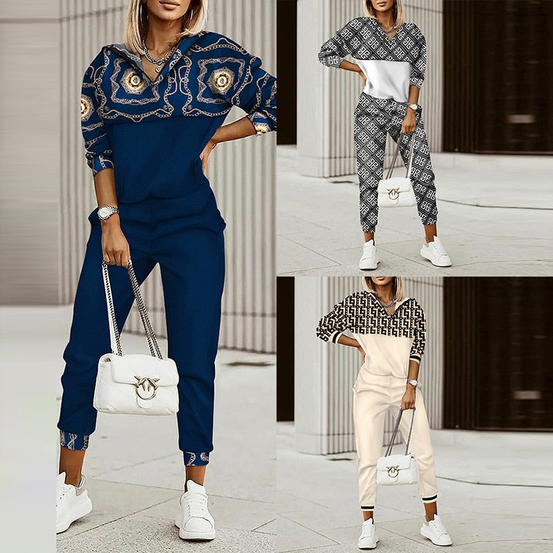 Women Two Piece Set Tracksuit Spring Autumn Fashion Chain Print Long Sleeve Top + Pencil Pants Set Ladies Casual Sport Outfits