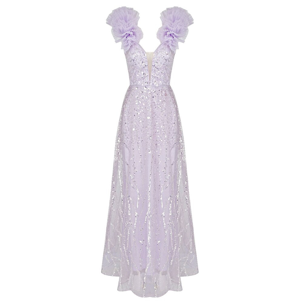 Sleeveless Dress For Women Ruffles Sequins Embellished Shinning Evening Party Long Dress Vestido