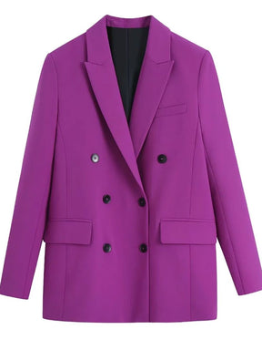 KONDALA 2022 Office Lady Solid Purple Long Blazer Women Long Sleeve Double Breasted V Neck Vintage Jackets Female Bussiness