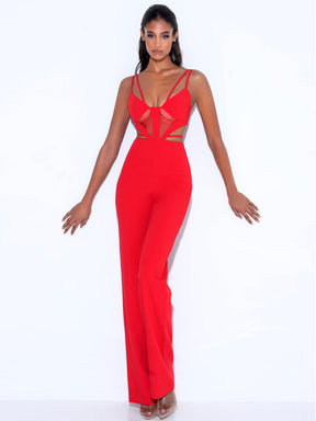 Sexy Spaghetti Strap Hollow Out Bodycon Bandage Jumpsuit Elegant Sleeveless Backless Lace up Long Pants Bodysuit Celebrity Club