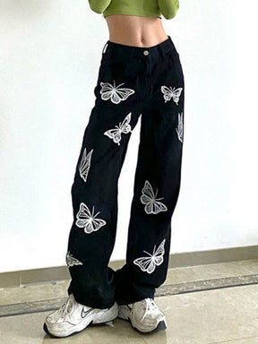 Fashion Women High Waist Jeans Butterfly Printing Denim Pants Black Women Streetwear Baggy Straight Mom Denim Trousers