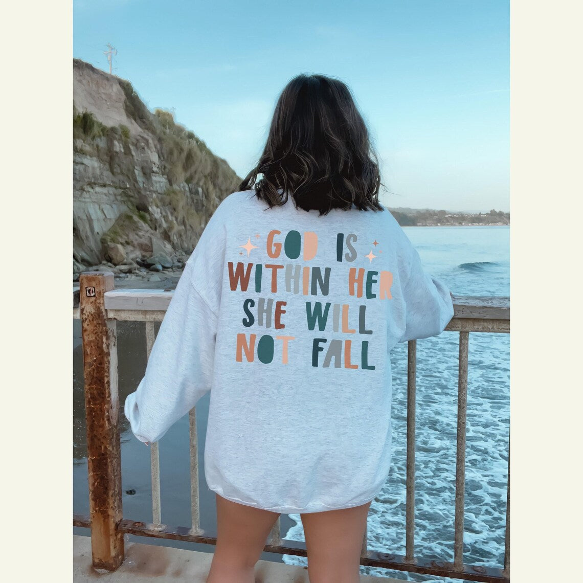 colored god is within her she will not fall Sweatshirt vintage women long sleeve jumper christian bible pullovers