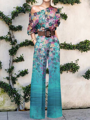 Women Elegant Office Lady Loose Wide Leg Pants Bodysuits Skew Collar Floral Printing Sweet Ladies Jumpsuits Fashion Streetwear