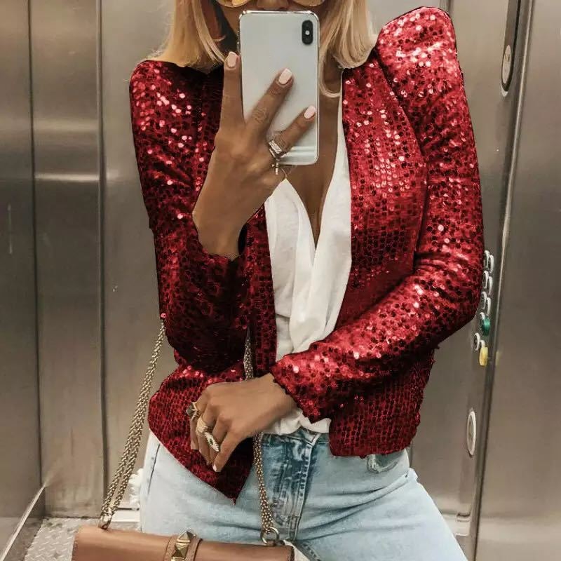 Sequin Jackets Women Glitter Long Sleeve Short Coats Elegant Spring Outwear Office Ladies Solid  Streetwear