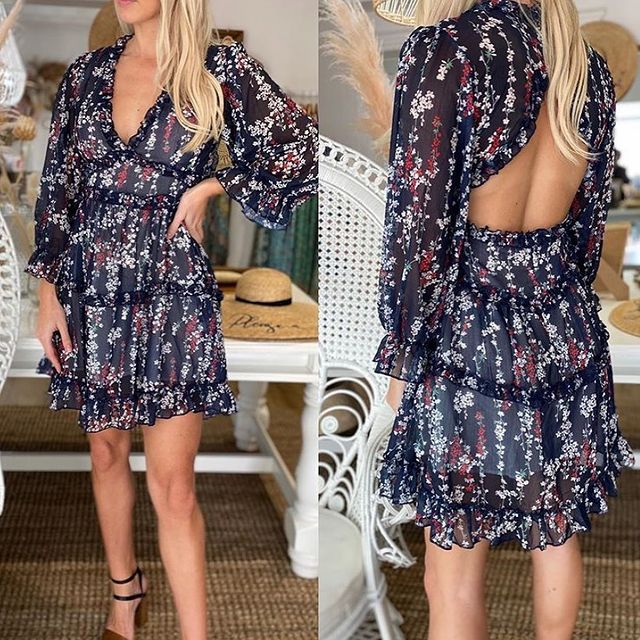 BOHO INSPIRED Harlow Floral Print Ruffle Dress women backless V-neck dress women mini summer dress