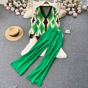 women knit two pieces sets vintage print v neck sweater long sleeve cardigan and wide leg pants sets autumn fashion clothing