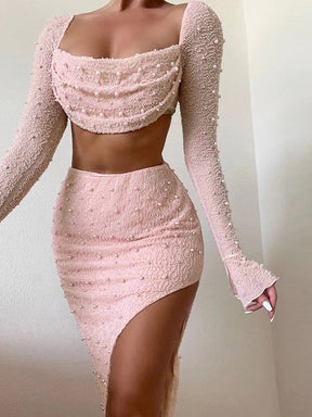 Pearl Sexy Dress Sets Women Square Collar Full Sleeve And Split Skirt Matching Sets Female Club Party Two Piece Set