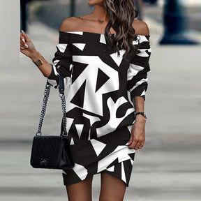 Spring Women Abstract Print Mini Dress Autumn Fashion Slash Neck Long Sleeve Party Dresses Elegant Ladies Casual Beach Vestidos