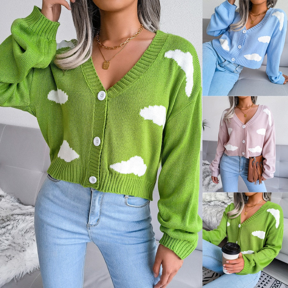 Casual Knitted Sweater Oversize White Cloud Printing Long Cardigan Women Fashion Clothing Streetwear