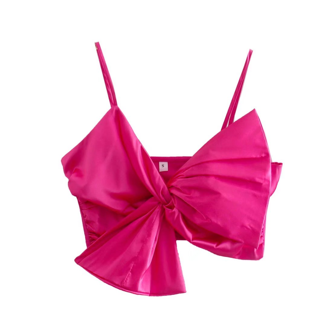 Women Summer Fashion Rose Red Bow Top Ladies Chic Thin Straps Short Slings With Stretch 2022 New Sexy Clothing
