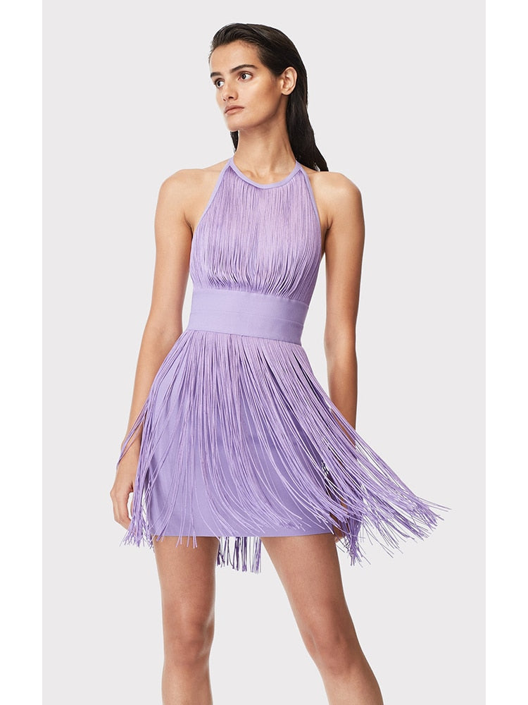 Sexy Halter Backless Tassel Mini Bodycon Bandage Dress Summer Elegant Purple Sleeveless Dress Celebrity Evening Party Club Dress