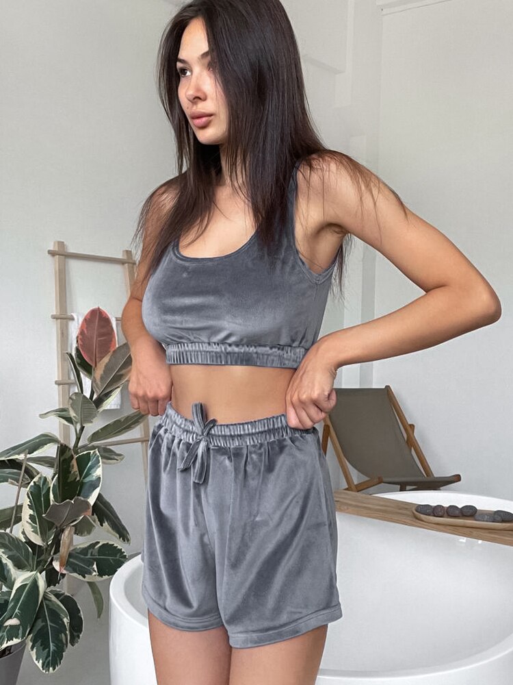 2 Piece Sets Pajamas For Women Sleeveless Crop Top Casual Suits With Shorts 2022 Autumn Female Sleepwear