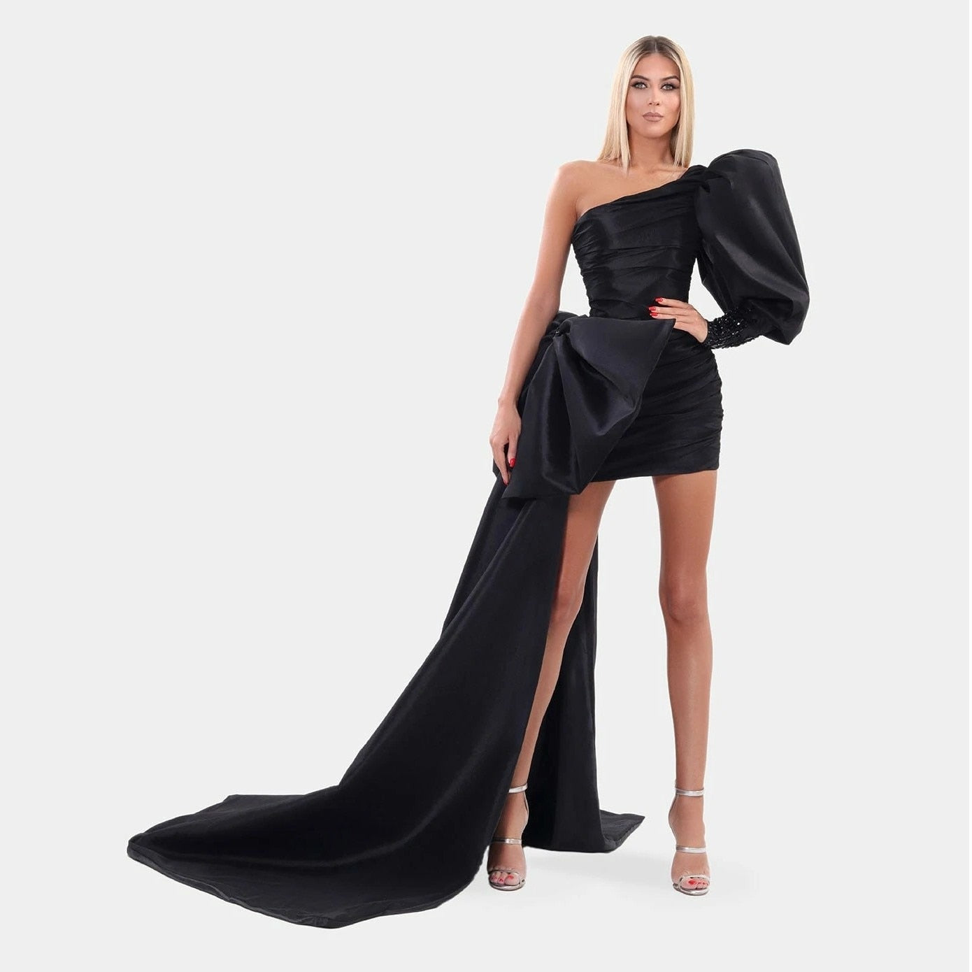 High End Black Mini Sheath Evening Dresses With Ribbon One Shoulder Puff Sleeves Sexy Short Prom Gowns Beaded Formal Dress
