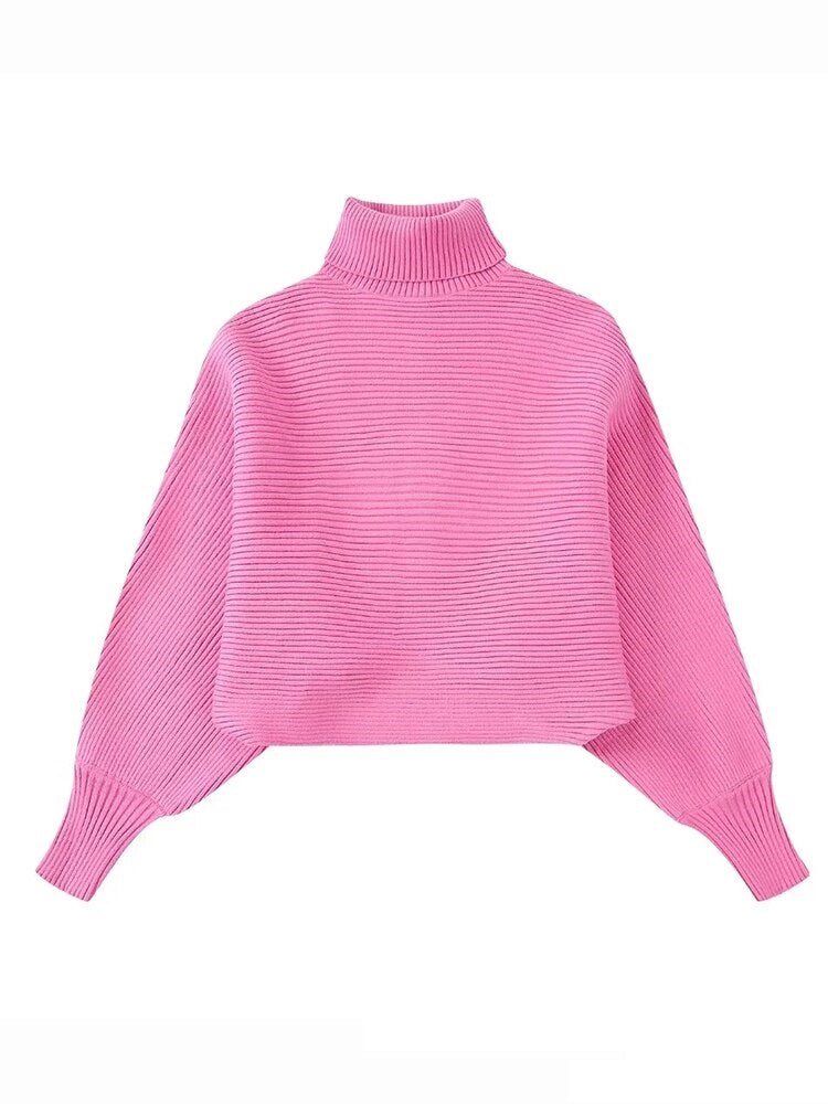 Vintage Solid Pink Knitted Women Sweater Sets 2 Piece Lantern Sleeve Turtleneck Sweaters+High Waist Sheath Mini Skirts