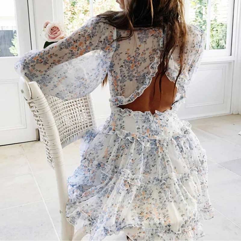 BOHO INSPIRED Harlow Floral Print Ruffle Dress women backless V-neck dress women mini summer dress