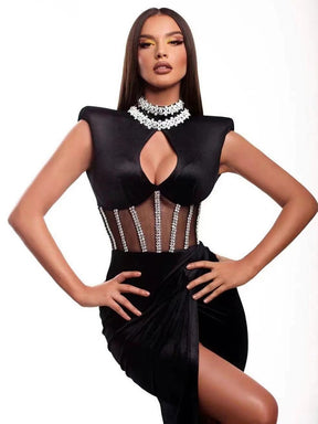 Sexy O Neck Sleeveless Cutout Slim Bandage Dress Women Black Luxury Diamond Split Midi Dress Celebrity Party Club Dress