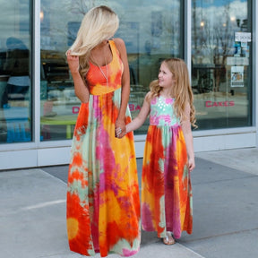 Sleeveless Mother and Daugther Dress Family Matching Outfits Floral Patchwork Women Girls Dresses Mommy and Me Clothes