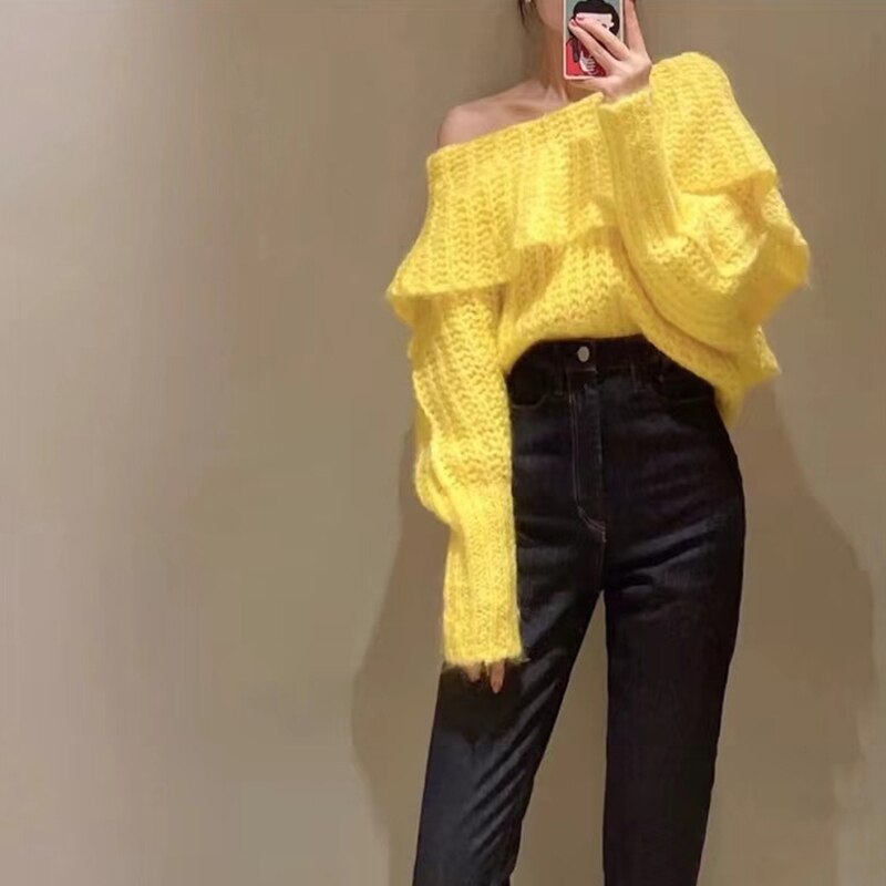 Fashion Chic Spring Women Sweaters New Yellow Knitted Slash Neck Ruffles Back Lace Up Loose Pullovers Female
