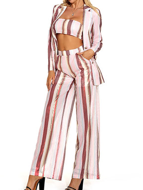 Fashion Women 3 Pcs Set Striped Single Breasted Blazer Bra Elastic Waist Wide Leg Long Pants Suits