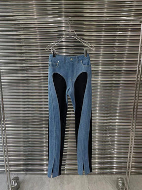 KlasonBell Fashion Split Hem Patchwork Contrast Color Slim Flared Jeans