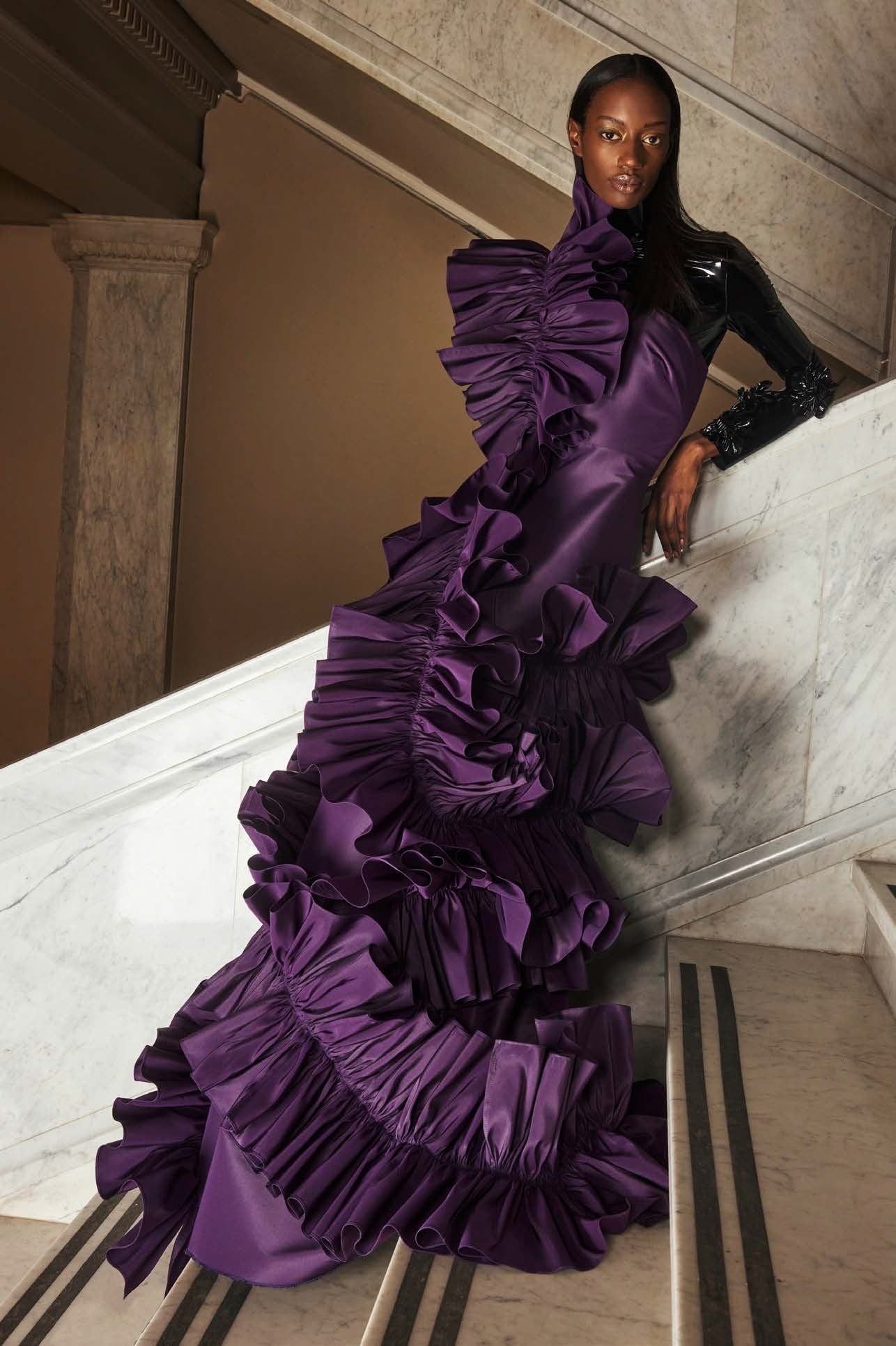 Stunning Dark Purple Tiered Ruffles Mermaid Evening Dresses One Shoulder Ruched Long African Prom Gowns Formal Party Dress