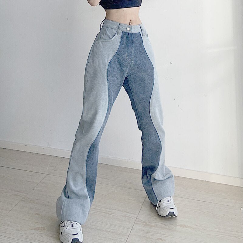 Fashion Jeans Women 2022 Spring Wave Patchwork Stitching High Street Contrast Girl Straight Pants Casual Loose Trousers