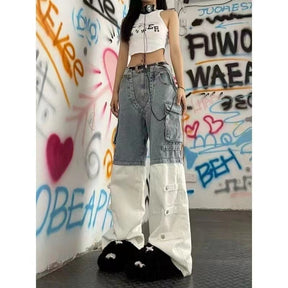 Retro Cargo Pants Jeans Women High Street Hip-hop Multi-Pocket Design Loose Casual Straight Wide-Leg Jeans