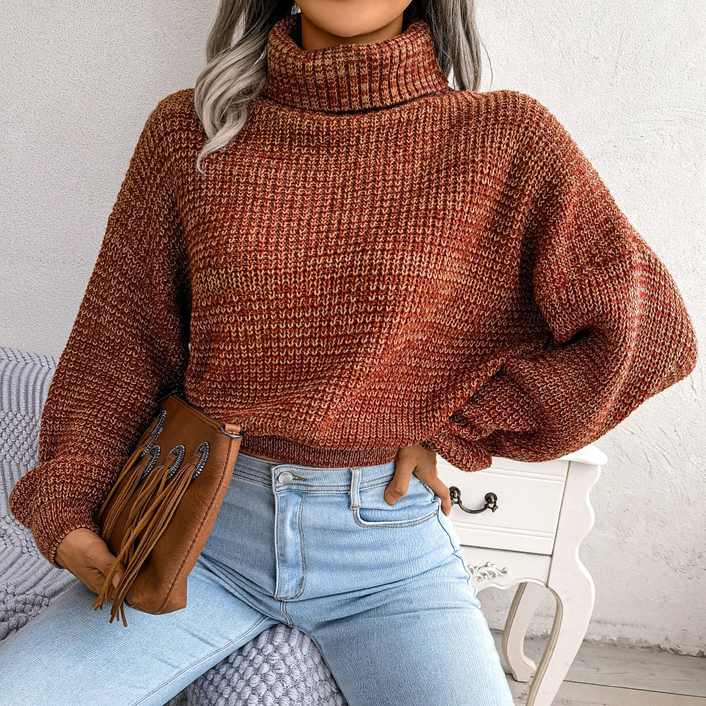 Women Fall Winter Mixed Color Lantern Long Sleeve Turtleneck Knit Loose All Match Sweater For Fashion