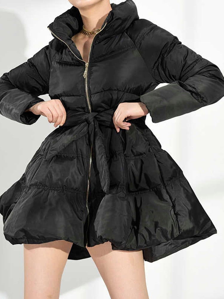 Black Bandage Bow  Cotton-padded Coat Long Sleeve Loose Fit Women Parkas Fashion Tide New Autumn Winter 2022 WC69101S