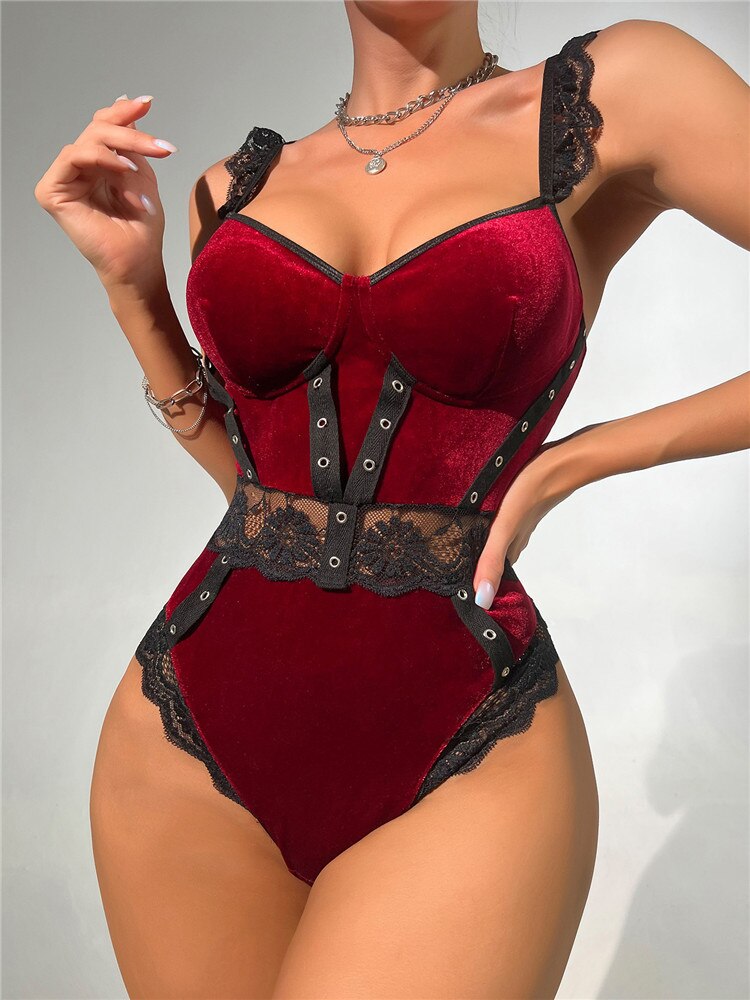 Claret Velvet Lace Bodysuits Sexy Underwire Wrap Fancy Delicate Luxury Lingerie Fine Teddy Outfit Body Top Crotchless