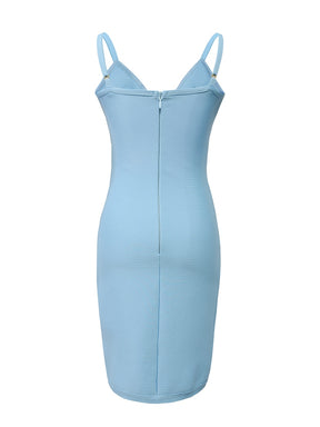 Sexy Spaghetti Strap Luxury Diamond Beaded Bodycon Bandage Dress Summer Blue V Neck Mini Dress Celebrity Party Evening Dress