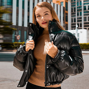 Thick Warm Leather Coats Women Short Parkas Female Fashion Elegant Zipper Black Cotton Padded Down Jacket Lady