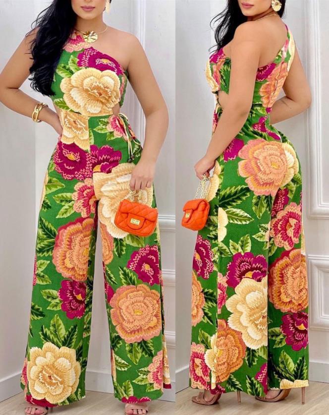 Casual Tropical Print One Shoulder Sleeveless Fashion Loose Wide Leg Jumpsuit