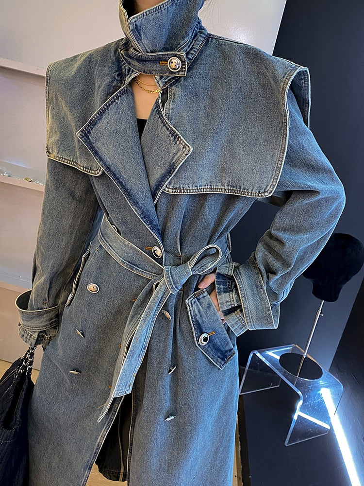 TWOTWINSTYLE Solid Trenches For Women Laperl Long Sleeve Patchwork Belt Korean Denim Trenches Female Autumn Clothing Fashion New
