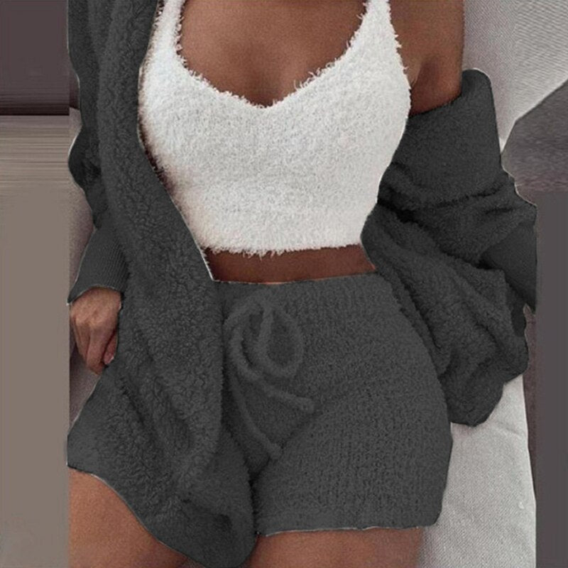 Matching Set Sexy Fluffy Plush Hooded Shorts+Crop Top+Coat 3 Pieces Suit Woman