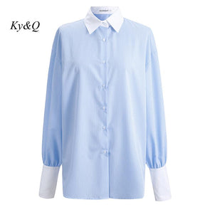 New Blue and White Striped Long-Sleeved Turn-Down Collar Loose Shirt Straight Stitching Single-Breasted Cardigan Top