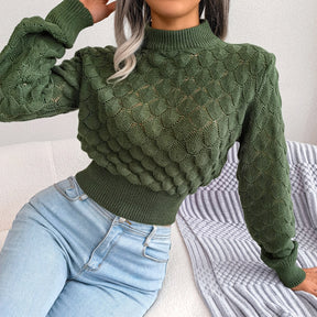 Fashion Fall Winter 3D Diamond Cutout Long Sleeve Solid Color Chic Crop Knit Sweater