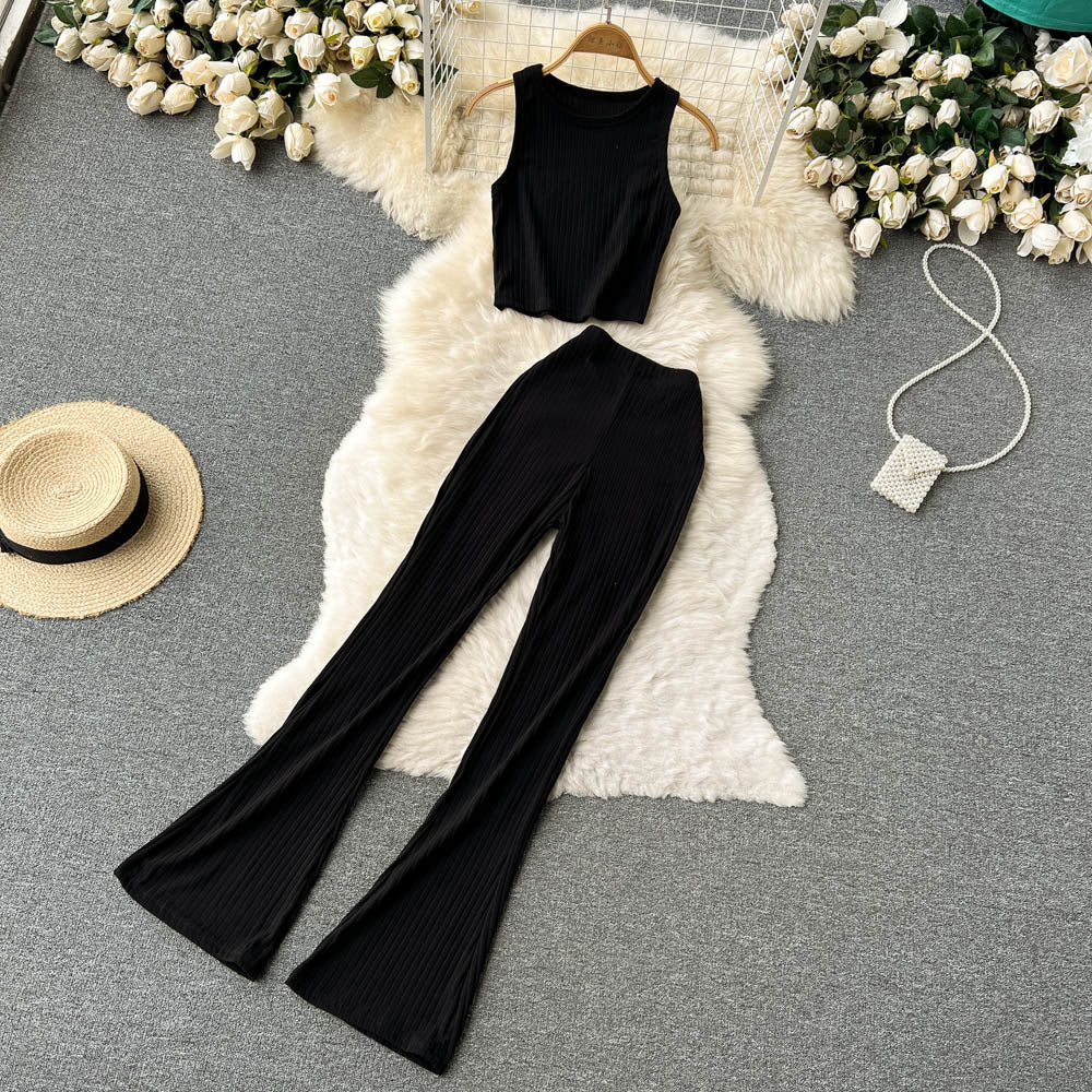 Women Two Pieces Set Sexy Sleeveless Tank Top Vintage Top and High Waist Wide Leg Pants Fashion Sets Casual Summer Femme Clothes