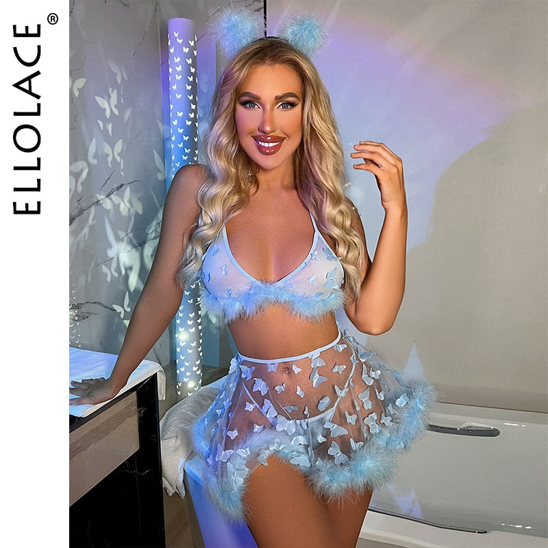 Ellolace Feather Lingerie Butterfly Underwear Women Transparent Sexy Without Feeling Purple Thongs 3-Pieces Fancy Lace Intimate