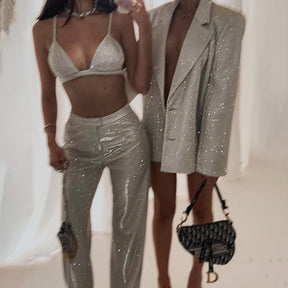 Sexy 2 Two Piece Sets Women Long Sleeve Blazers And Crop Top + Flare Pants Matching Sets Club Outfits Streetwear