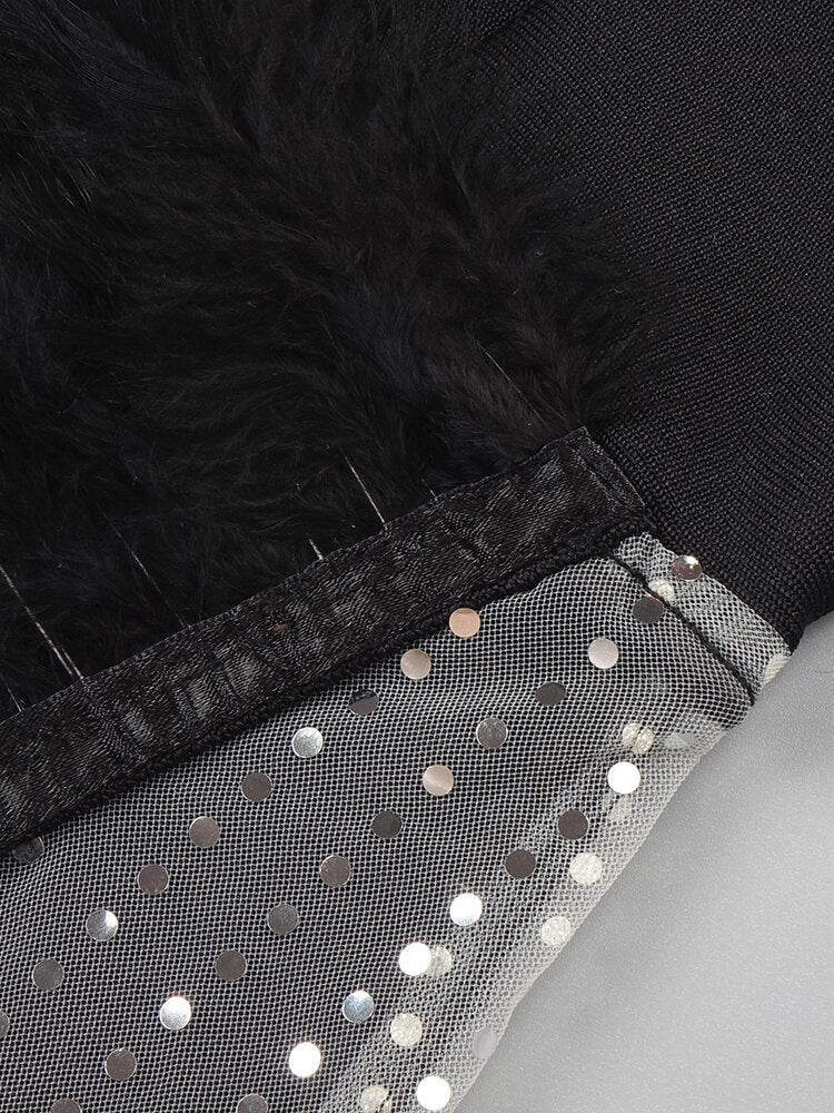 Winter Black Mini Dress Women Party Wear Fashion Feathers Design Mesh Patchwork Bandage Dress