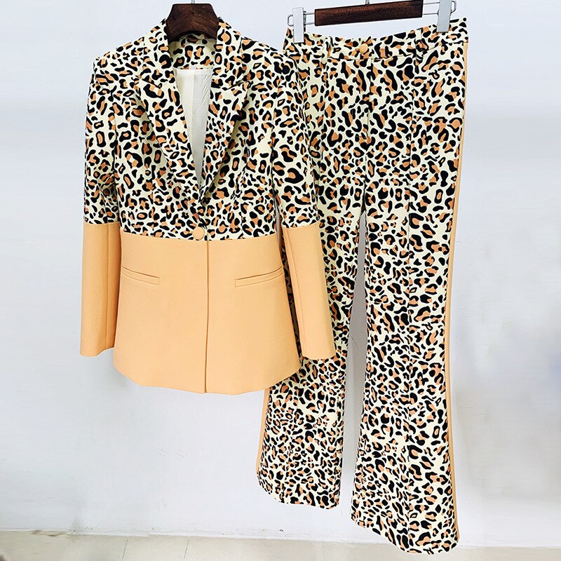 Blazer Pants Suit Two Piece Set Office Ladies Women Color Match Business Single Button Flared Pants Blazer Pants Formal Suit