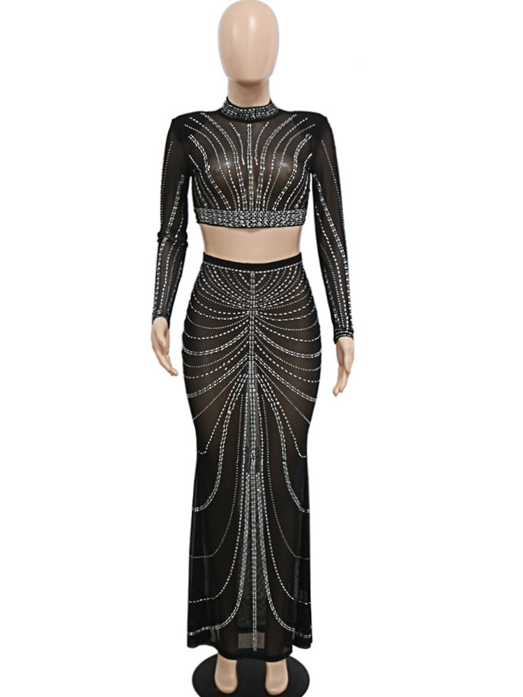 Kricesseen Sexy Black Shine Rhinestone Crystal Sheer Skirt Set New Women Long Sleeve Top And Maxi Skirt Suits Night Clubwear