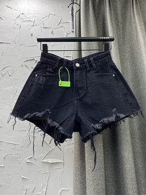 Denim Shorts High Waist Straight Solid Color Button Hollow Out Burr Short Jeans Spring 2023 New