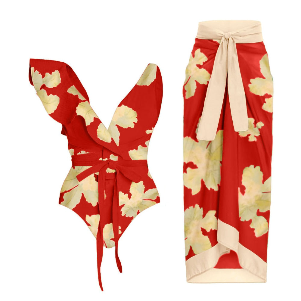 Fashion Red Print Deep V Neck Sexy Bikini One Piece Strapless Beach Dress High Waist Cut Chic Swimwear Push Up Beachwear Women